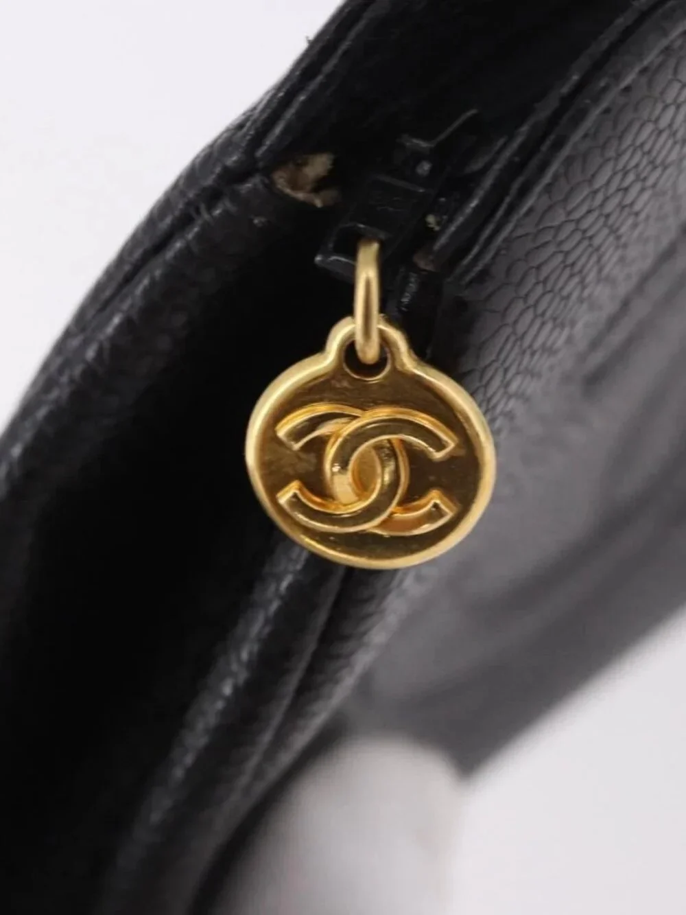 CHANEL Pouch Grained Calf Skin Black Gold CC Auth 183391